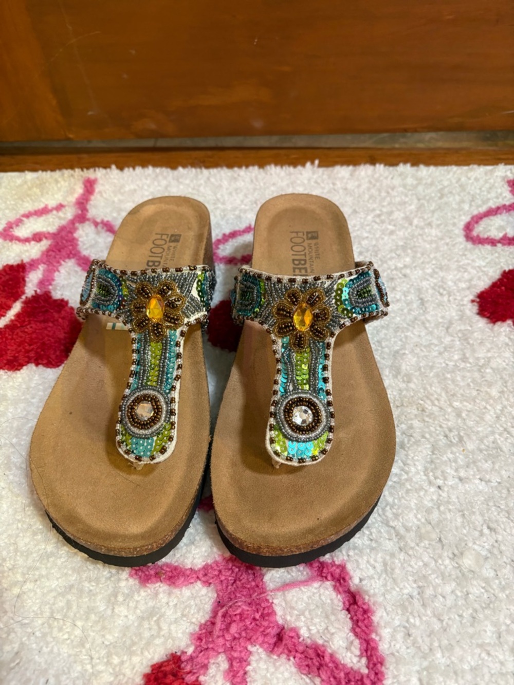 Beaded T-Strap Footbed Sandals in Turquoise, Green and Gold by Footprints